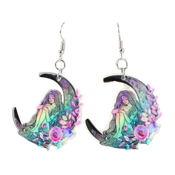 No Brand Jewelry - New Pastel Celestial Moon Woman Floral Drop Earrings Space Mystic Lunar Lady